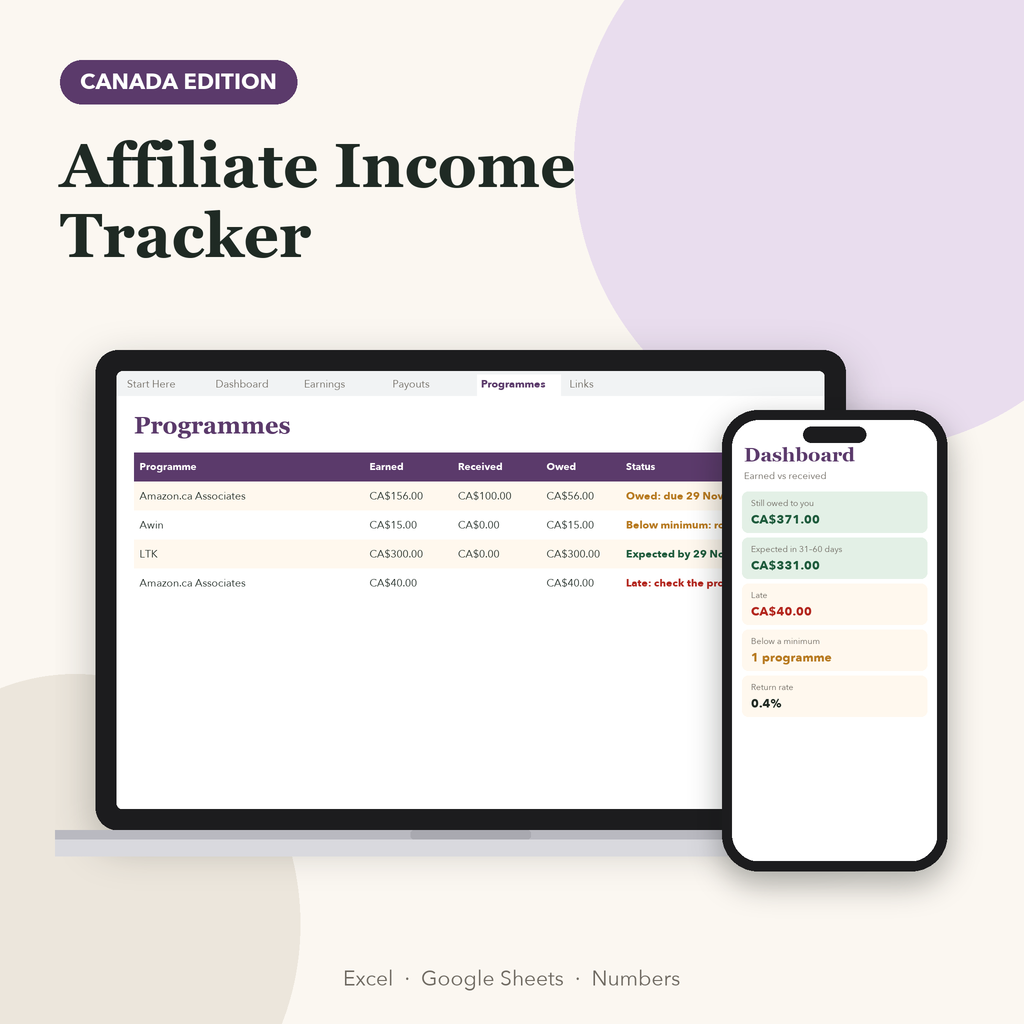 Affiliate income tracker Canada showing programmes, amounts owed and payout status