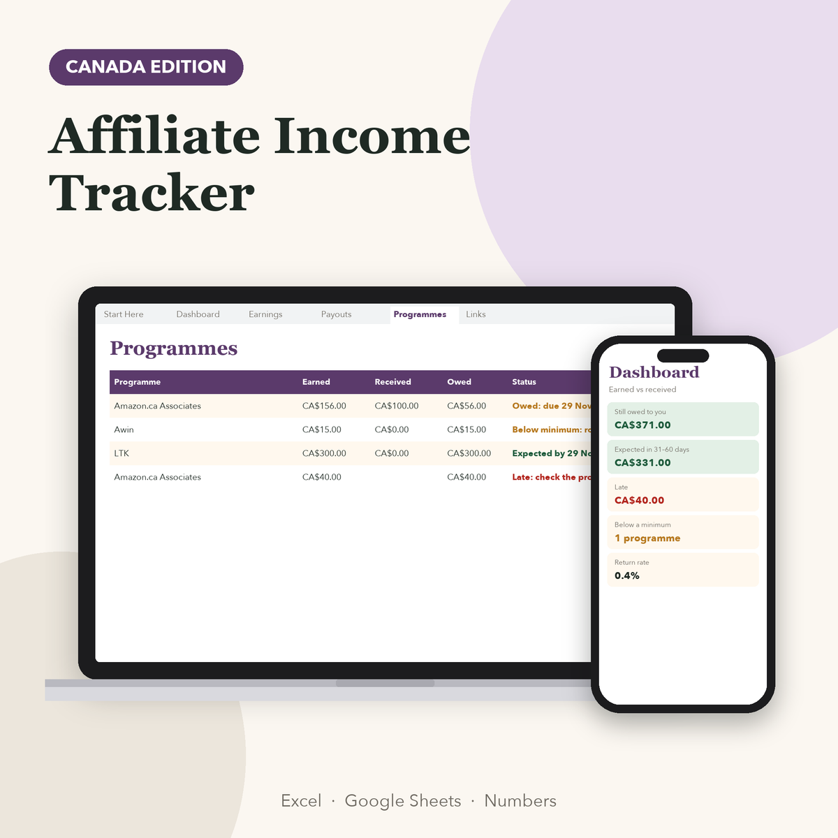 Affiliate income tracker Canada showing programmes, amounts owed and payout status