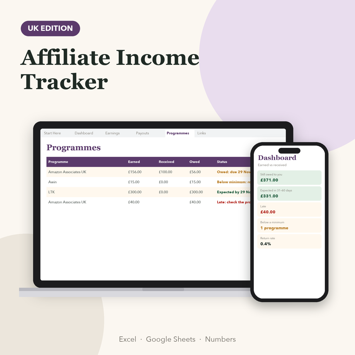 Affiliate income tracker UK showing programmes, amounts owed and payout status