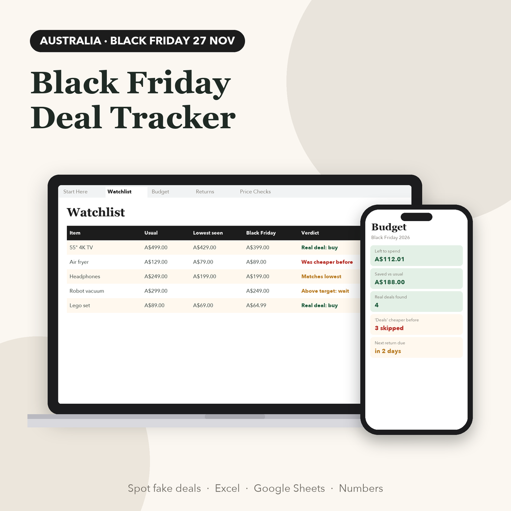 Black Friday deal tracker spreadsheet Australia edition on laptop and phone