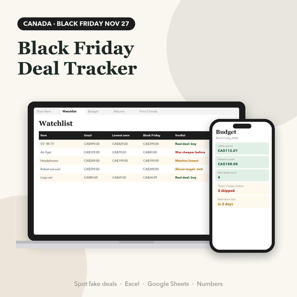 Black Friday deal tracker spreadsheet Canada edition on laptop and phone