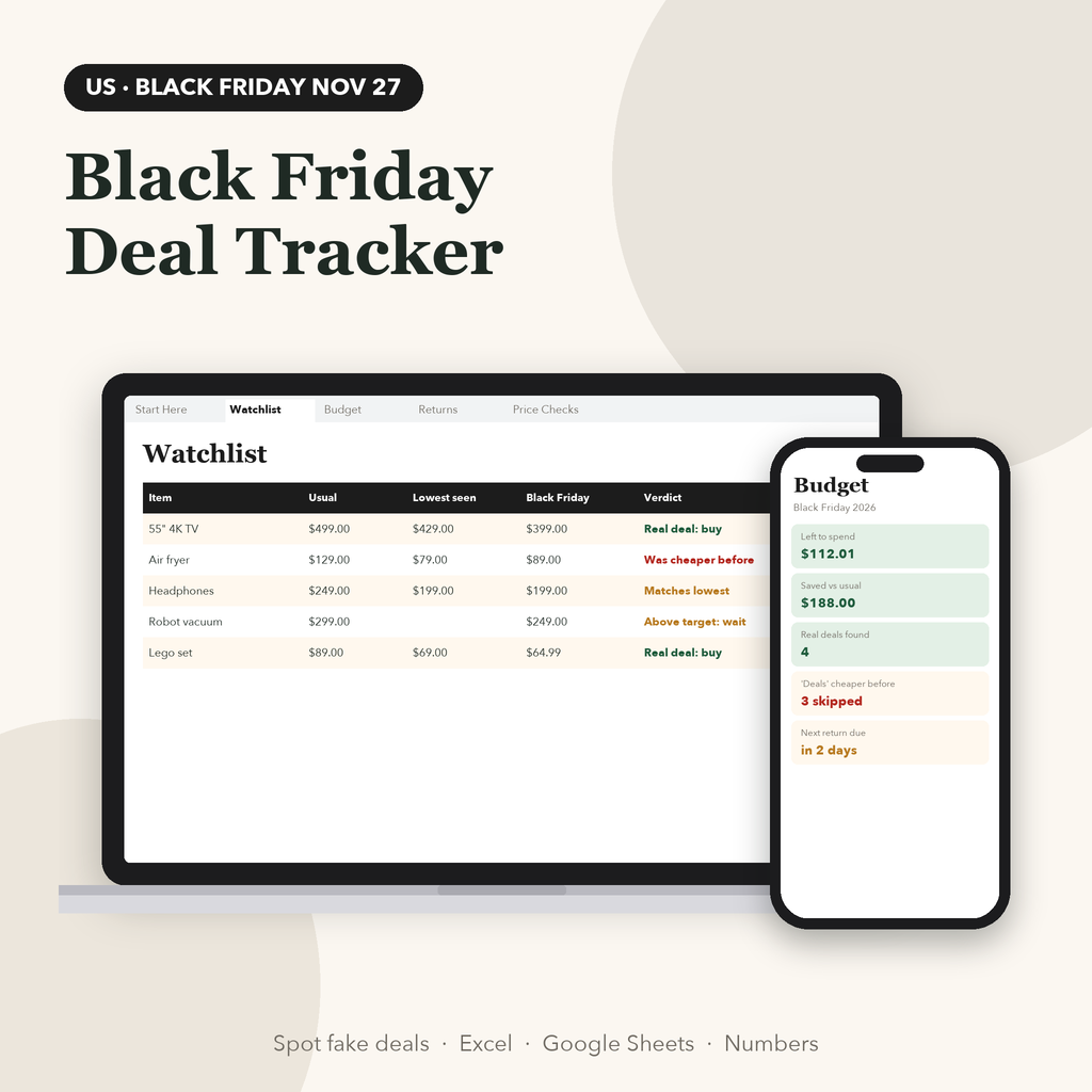 Black Friday deal tracker spreadsheet US edition on laptop and phone