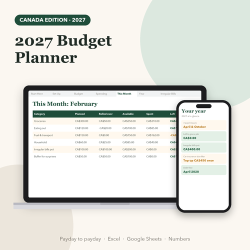 2027 budget planner spreadsheet Canada edition showing This Month view on laptop and phone