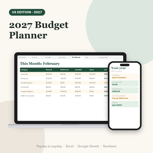 2027 budget planner spreadsheet US edition showing This Month view on laptop and phone