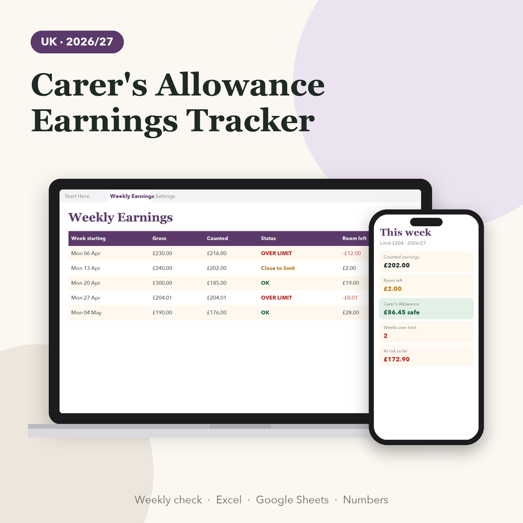 Carer's Allowance earnings tracker spreadsheet