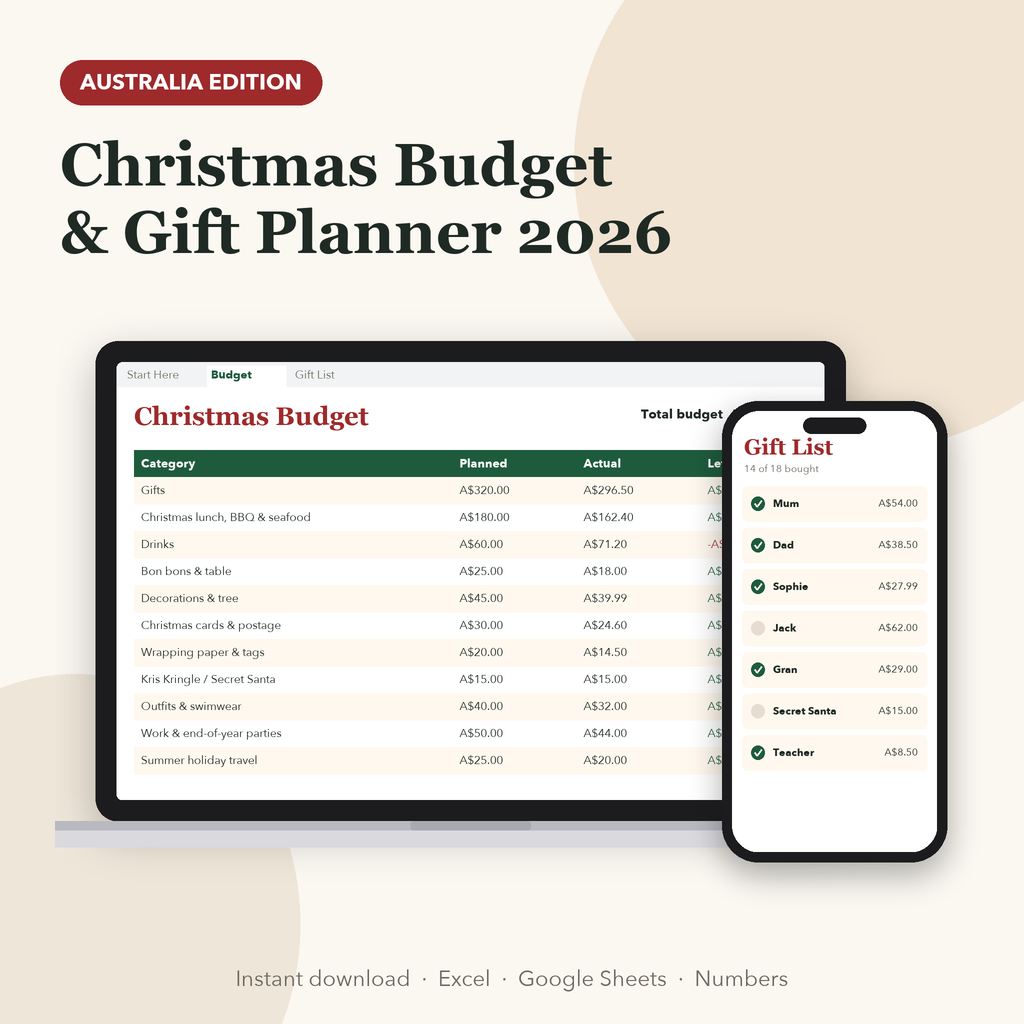 Australian Christmas budget planner spreadsheet in A$: device mockup on laptop and phone