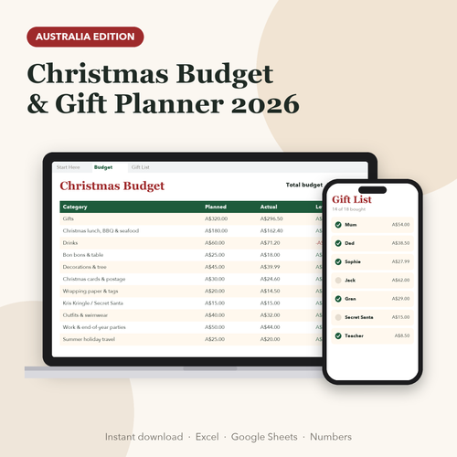 Australian Christmas budget planner spreadsheet in A$: device mockup on laptop and phone