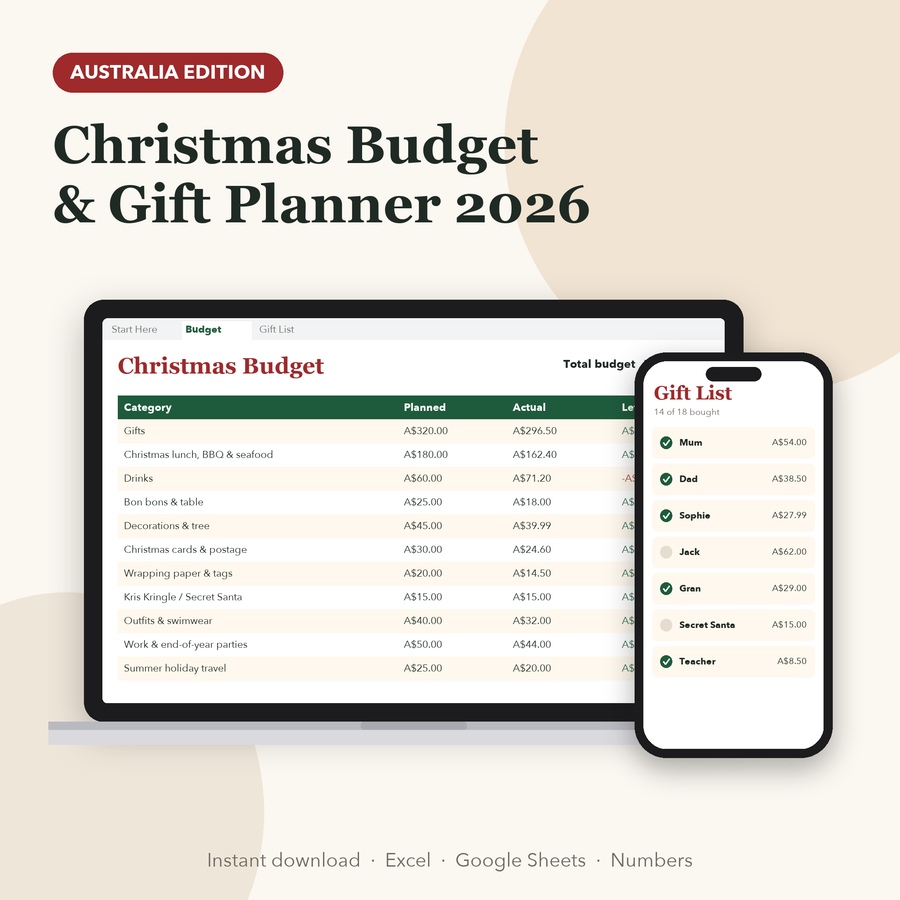 Australian Christmas budget planner spreadsheet in A$: device mockup on laptop and phone