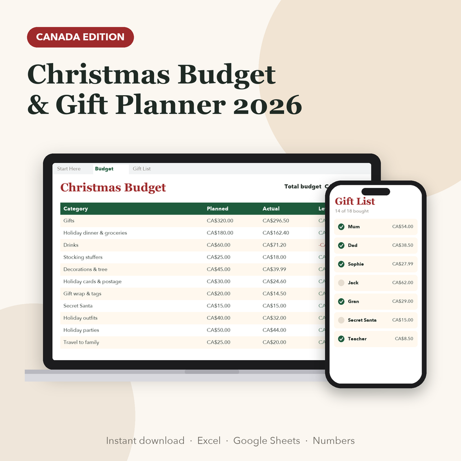Canadian Christmas budget planner spreadsheet in CA$: device mockup on laptop and phone