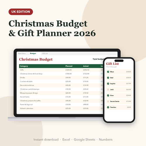 UK Christmas budget planner spreadsheet in pounds: device mockup on laptop and phone