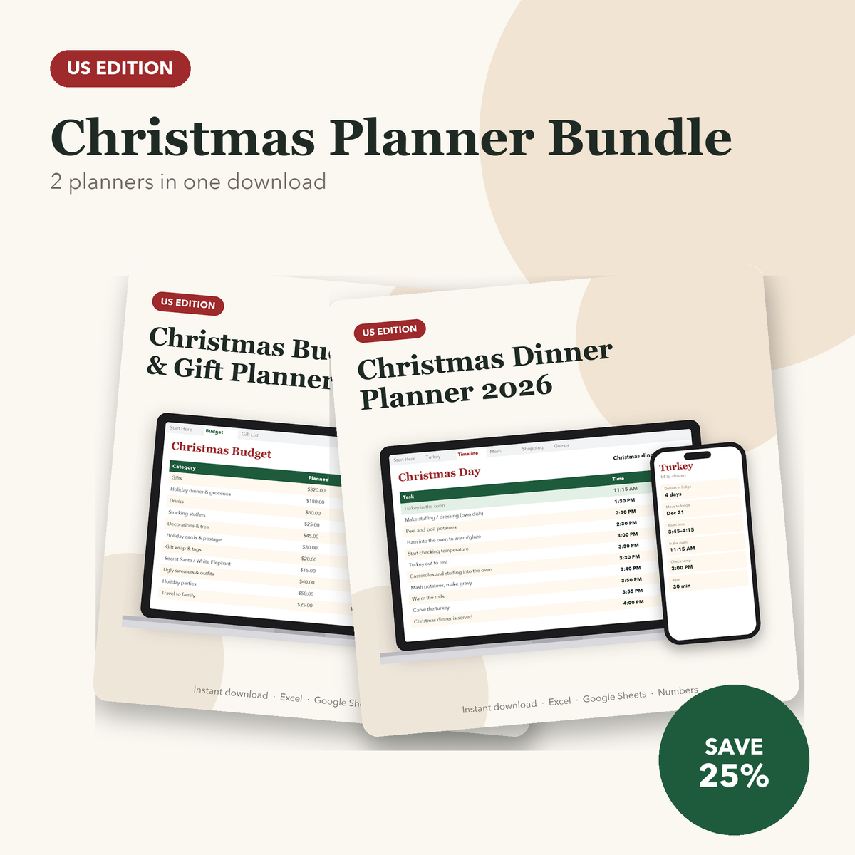 Christmas Planner Bundle: Christmas Budget Spreadsheet + Christmas Dinner Planner