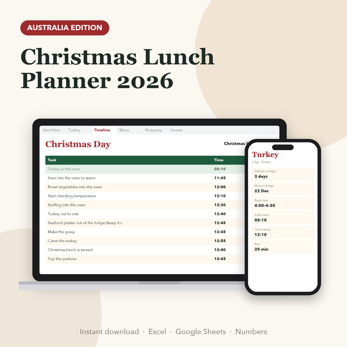 Christmas Lunch Planner Australia spreadsheet on a laptop and phone
