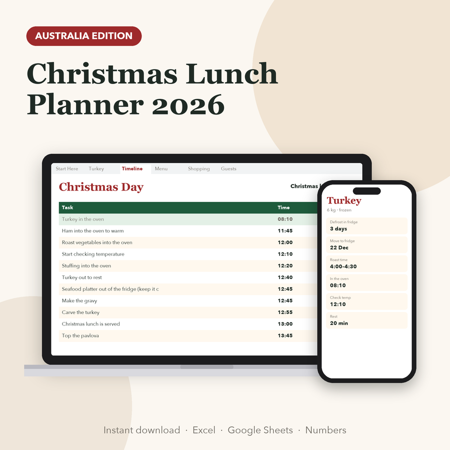 Christmas Lunch Planner Australia spreadsheet on a laptop and phone