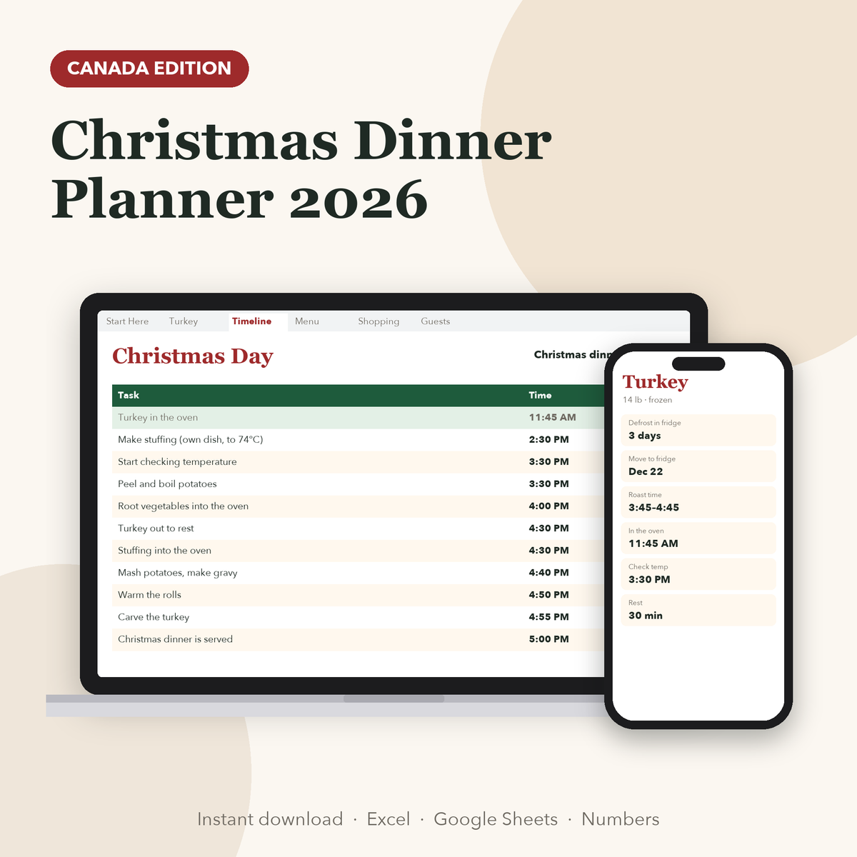 Christmas Dinner Planner Canada spreadsheet on a laptop and phone