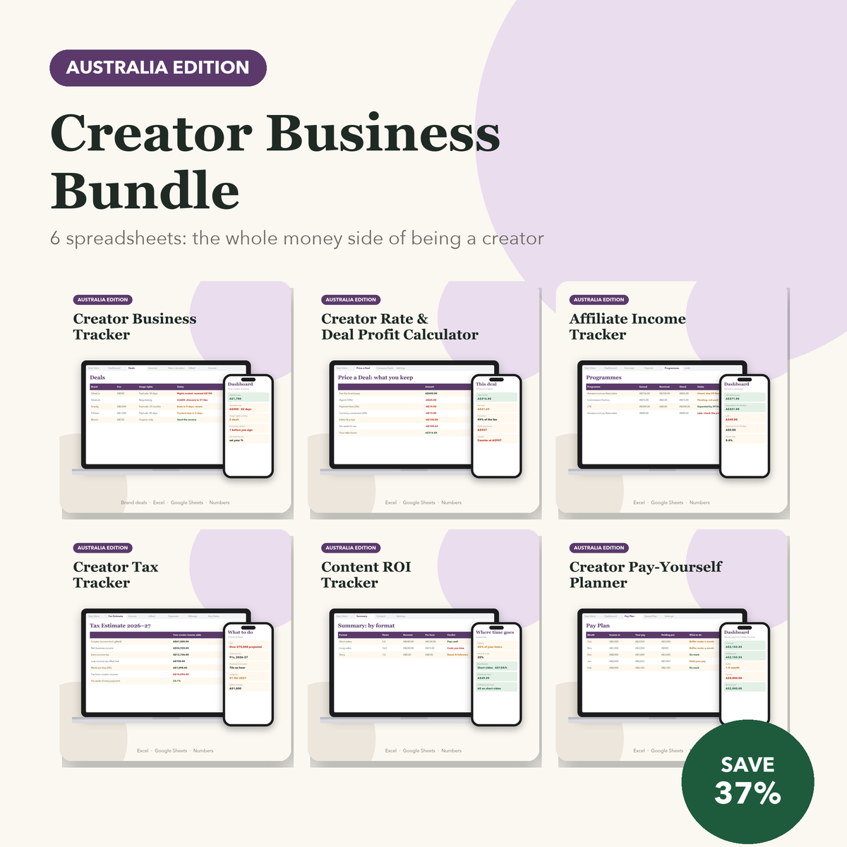 Creator business bundle Australia: six creator spreadsheets