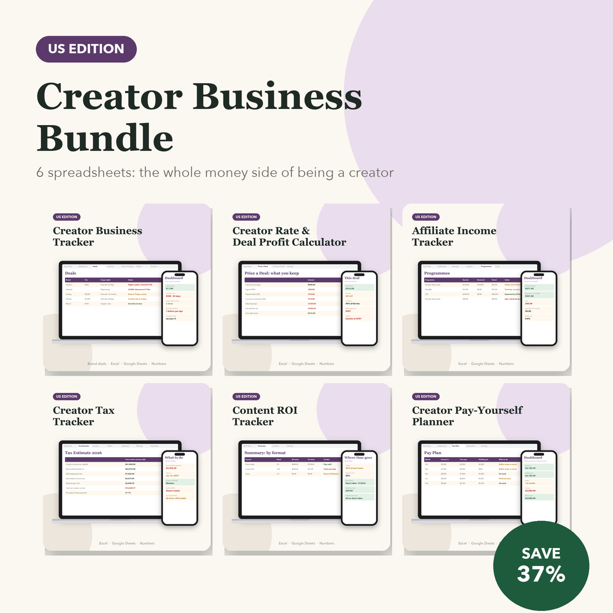 Creator business bundle US: six creator spreadsheets