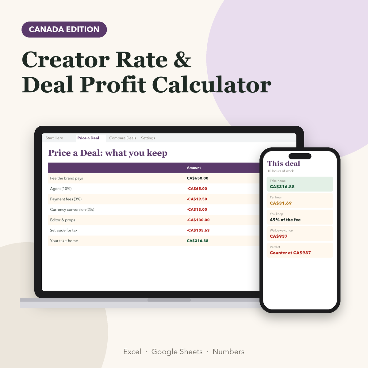 Creator rate and deal profit calculator Canada showing take-home after agent, fees and tax