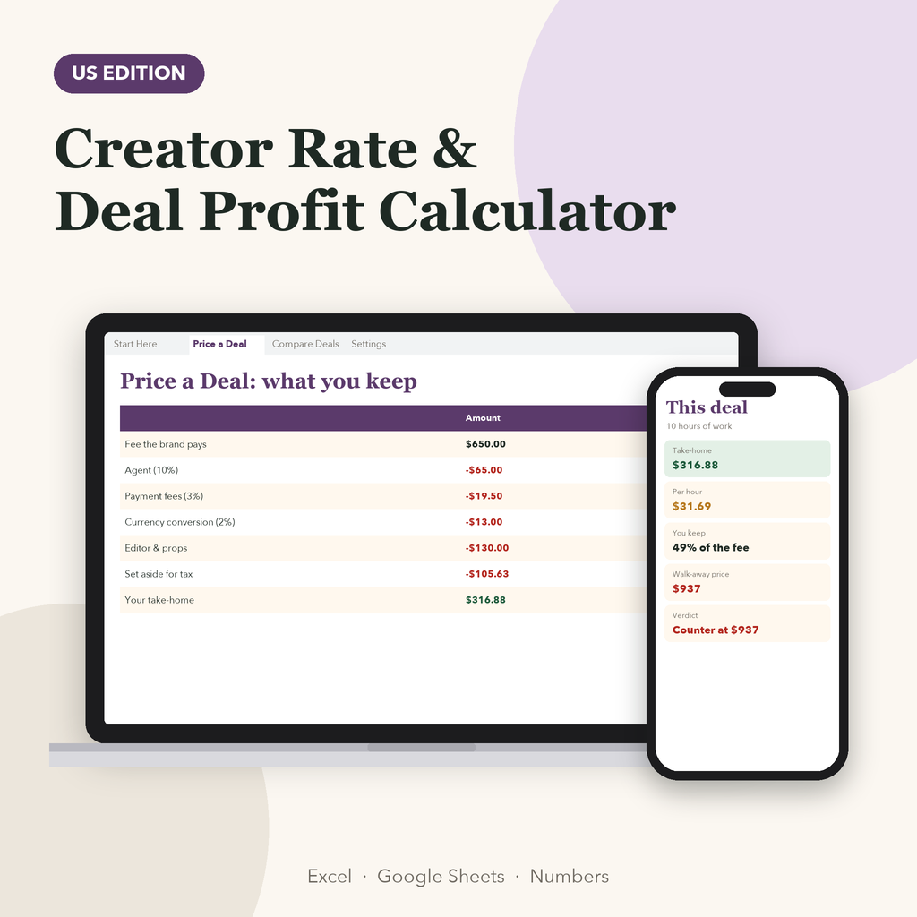Creator rate and deal profit calculator US showing take-home after agent, fees and tax