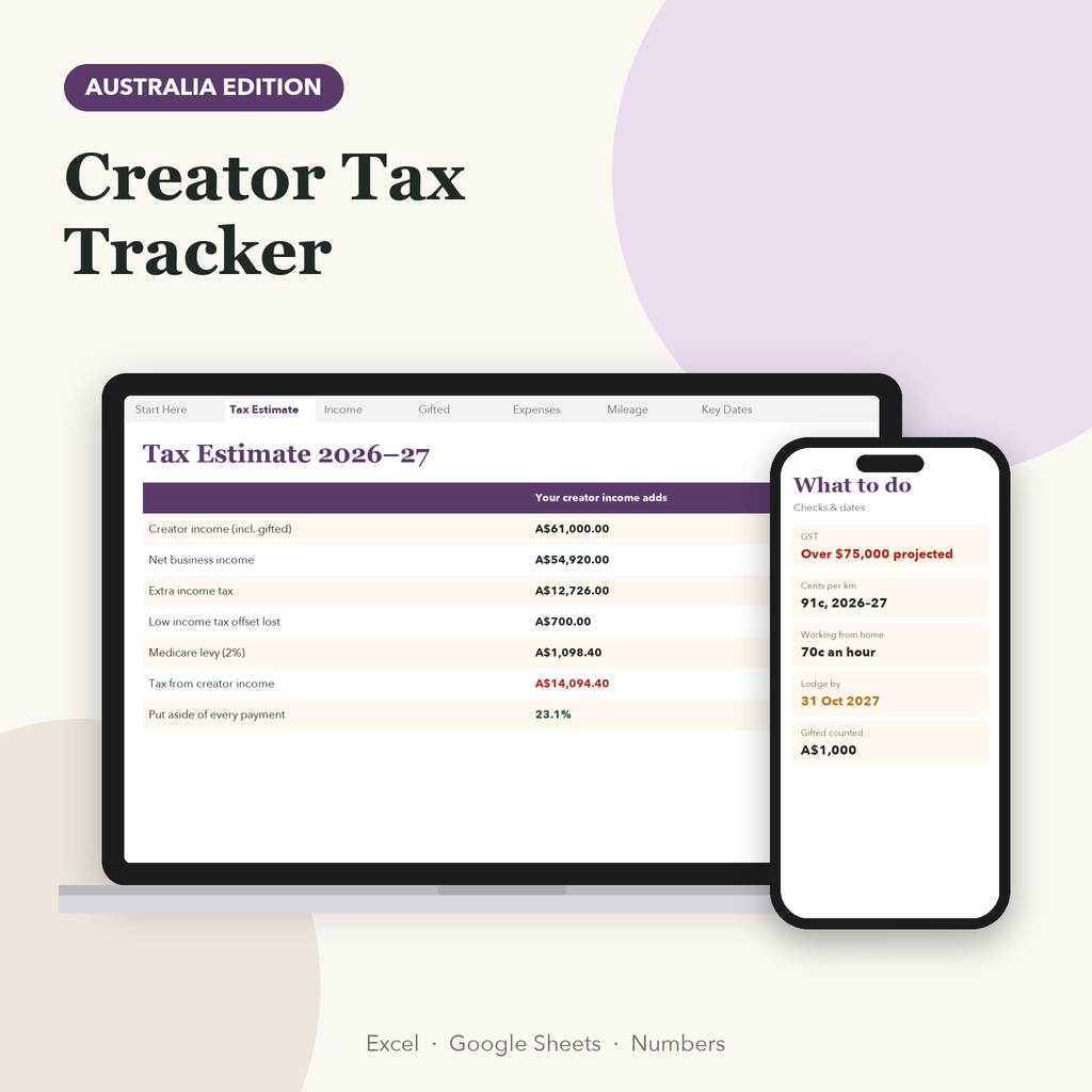 Creator tax tracker 2026–27 Australia showing tax from creator income and amount to set aside