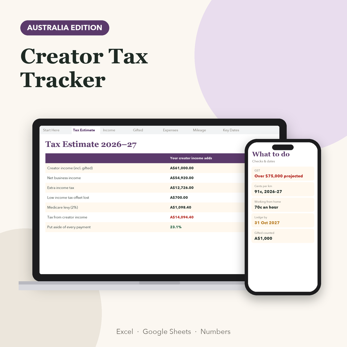 Creator tax tracker 2026–27 Australia showing tax from creator income and amount to set aside