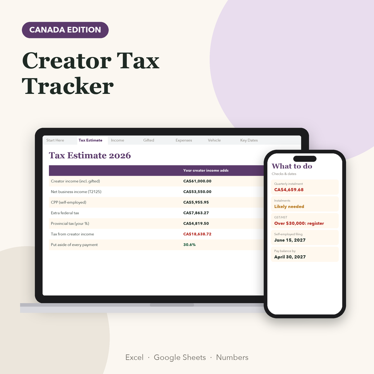 Creator tax tracker 2026 Canada showing tax from creator income and amount to set aside