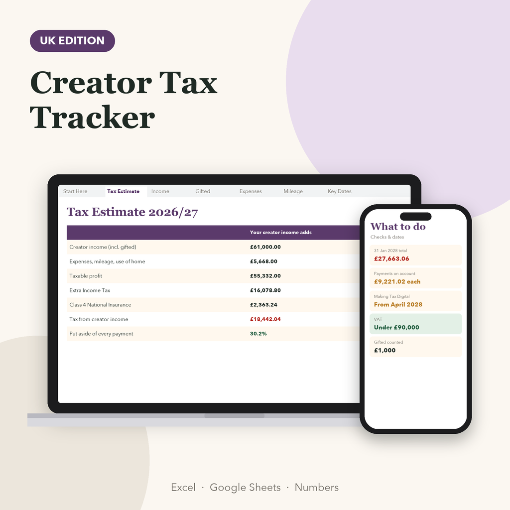 Creator tax tracker 2026/27 UK showing tax from creator income and amount to set aside