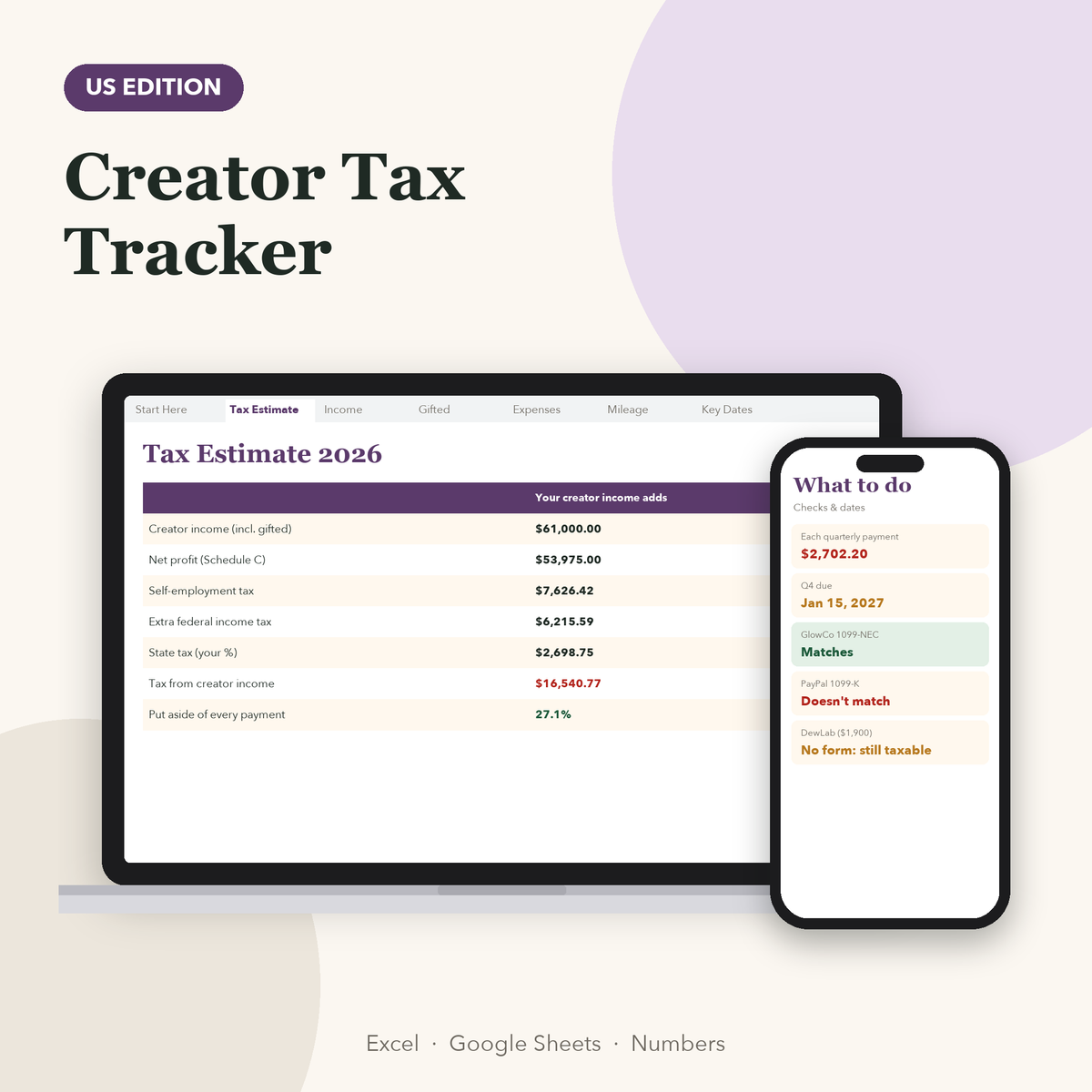Creator tax tracker 2026 US showing tax from creator income and amount to set aside