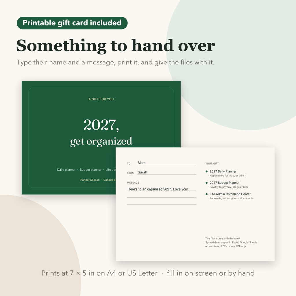 Printable gift card included, with To, From and message