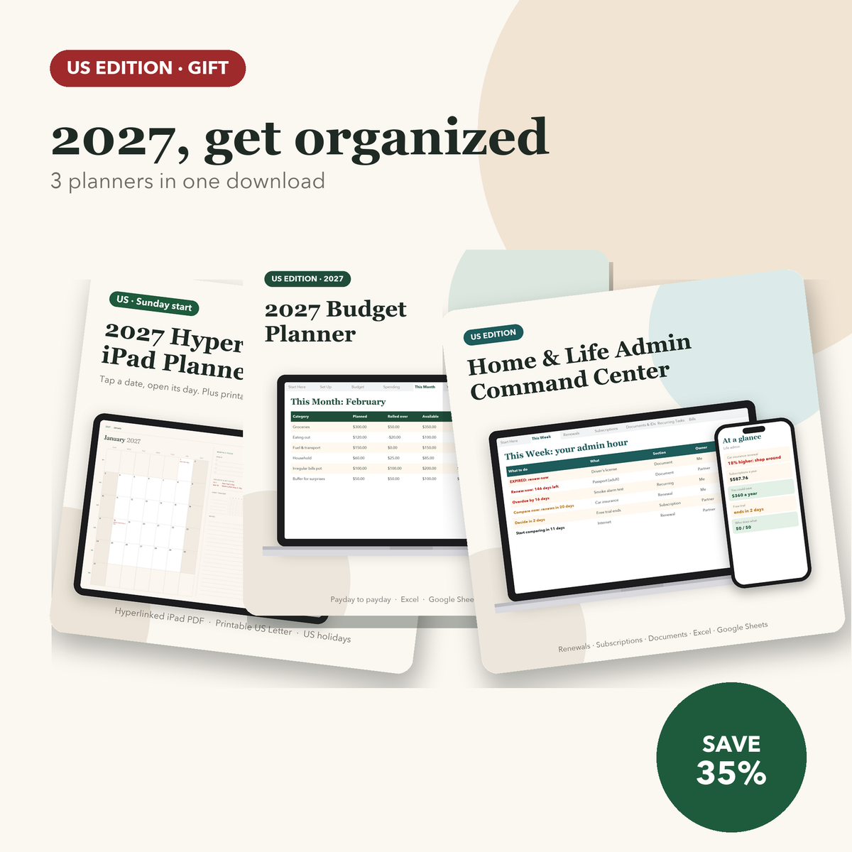 2027 gift bundle, US edition: planner, budget and life admin
