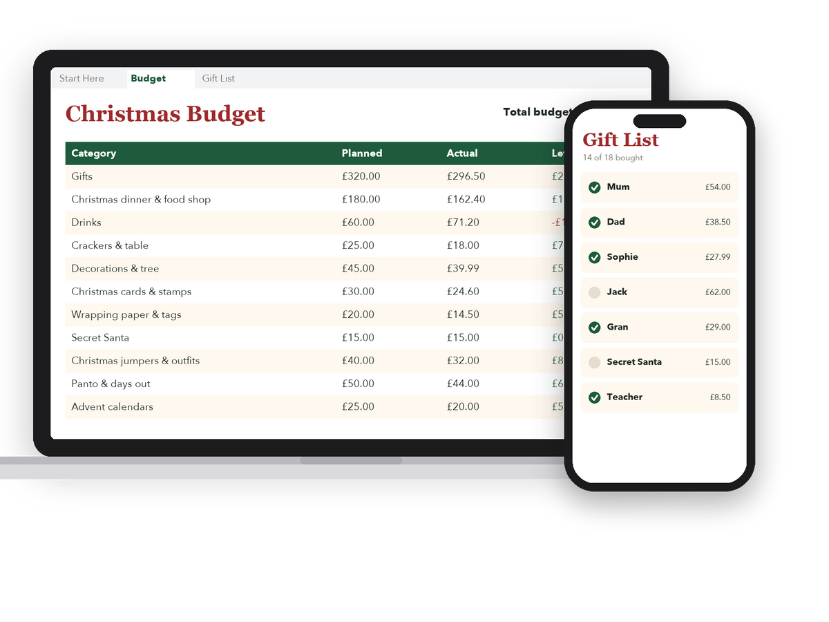 Christmas budget planner shown on a laptop and phone