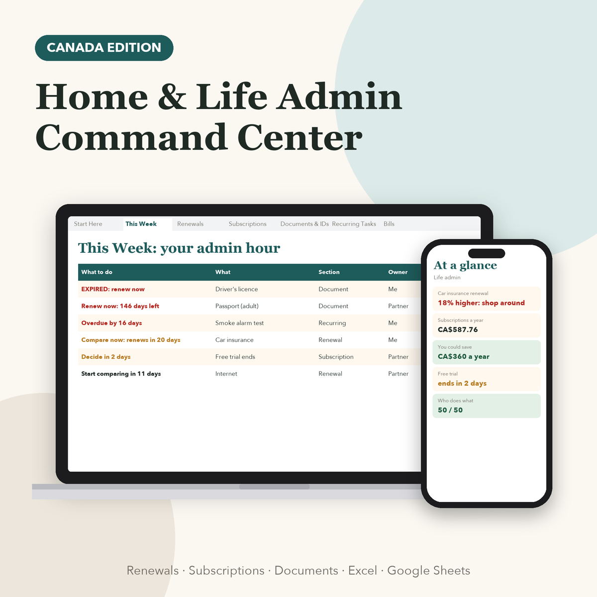 Home and life admin command center Canada showing this week's renewals, documents and tasks