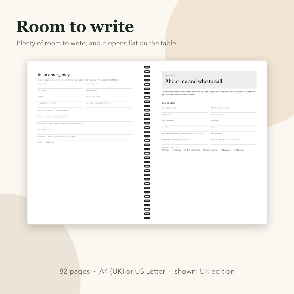 Open coil-bound organiser lying flat: the emergency page and section 1