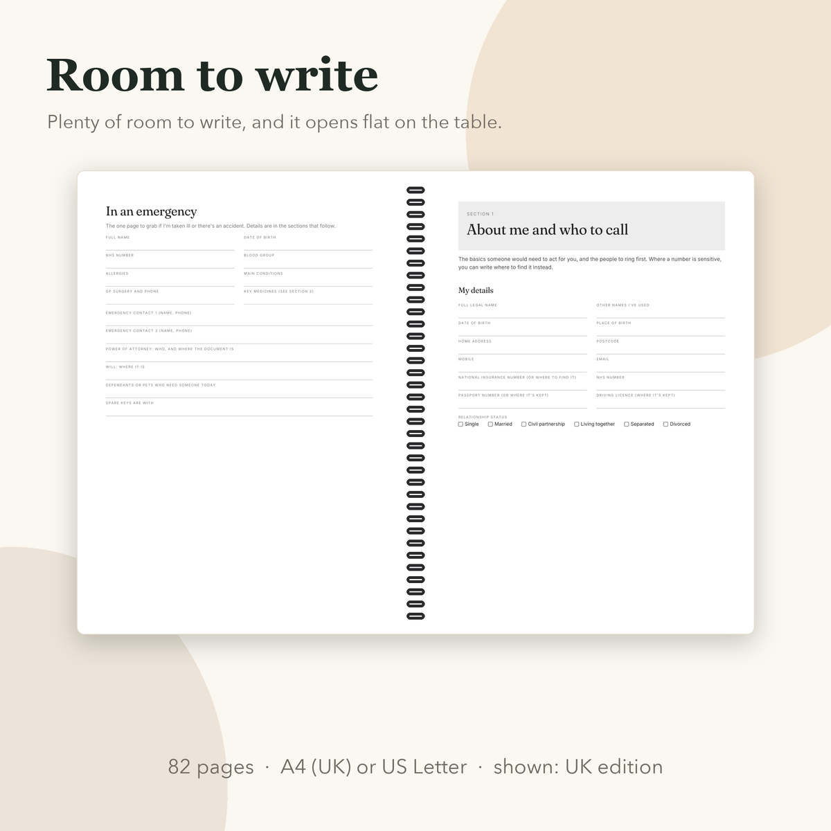 Open coil-bound organiser lying flat: the emergency page and section 1