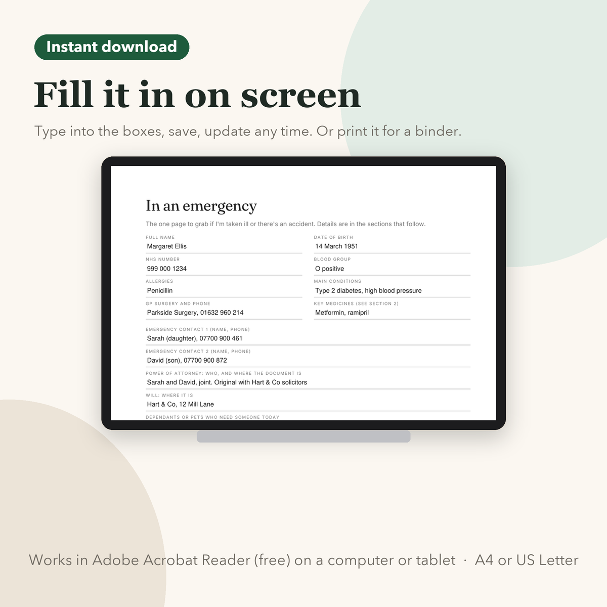 The fillable PDF being typed into on screen