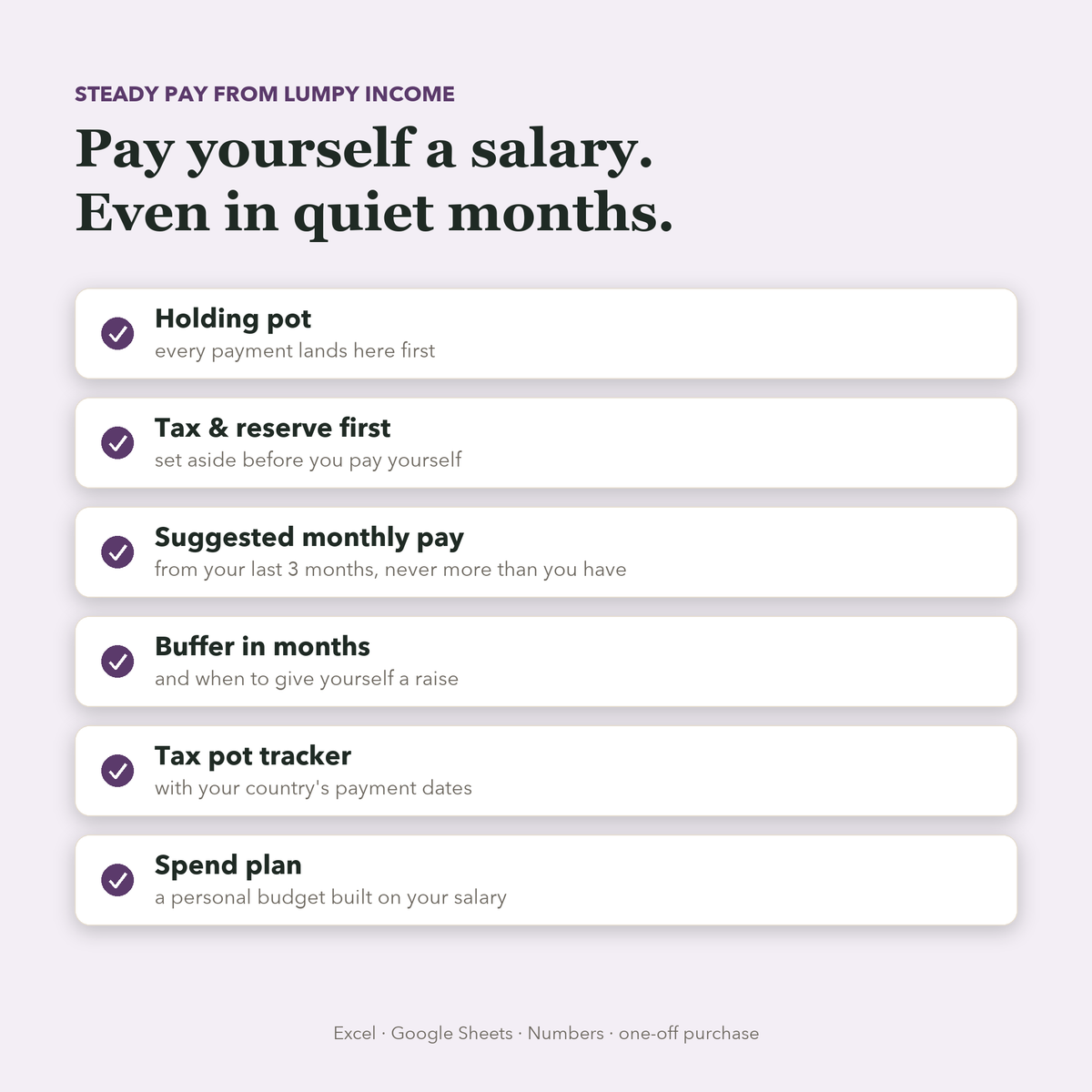 What's inside: holding pot, tax and reserve, suggested pay, buffer months, spend plan