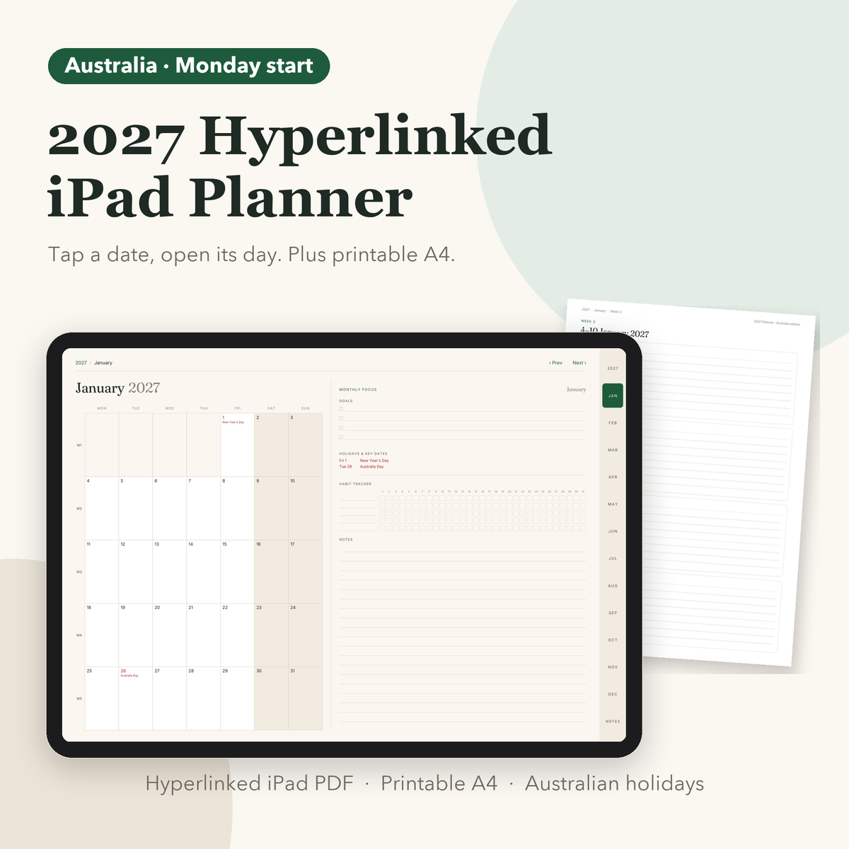 2027 hyperlinked iPad planner Australia edition with printable page