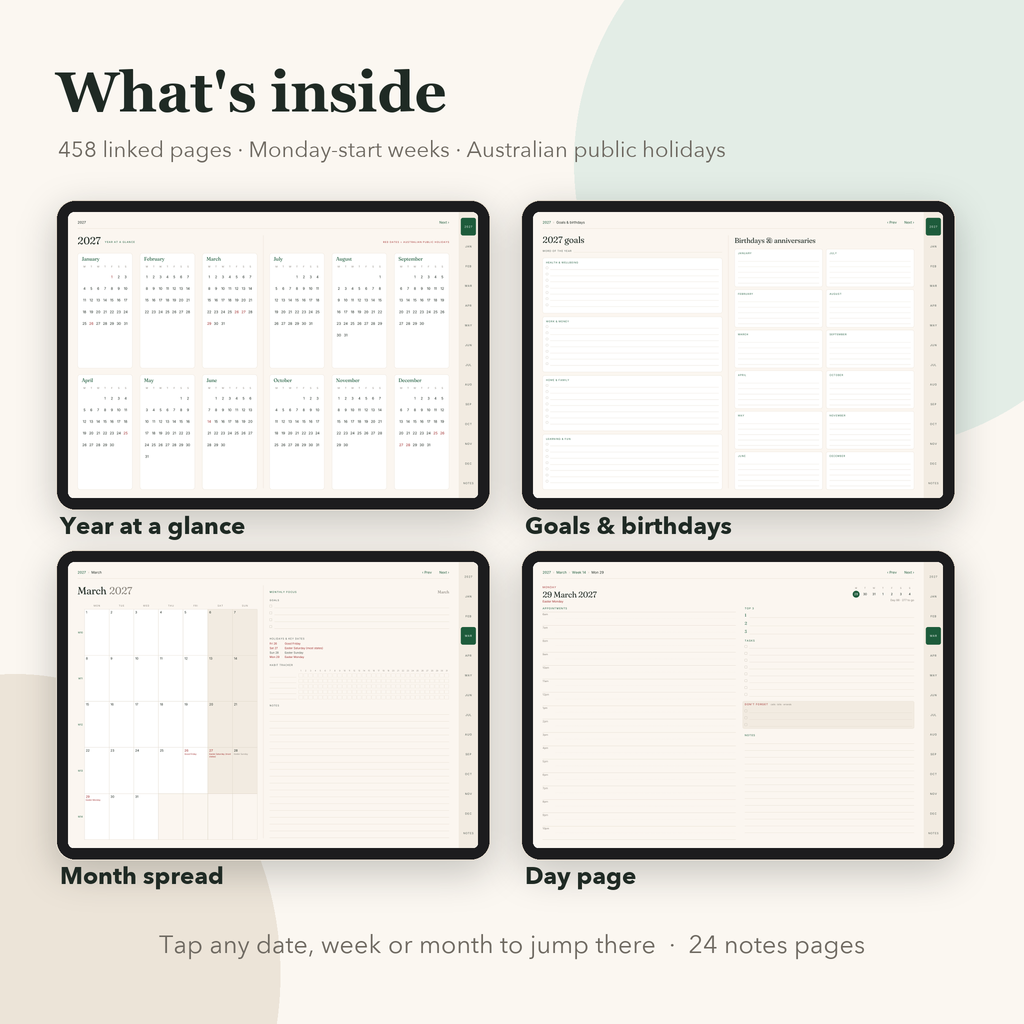 Year at a glance, goals, month spread and day page from the 2027 planner