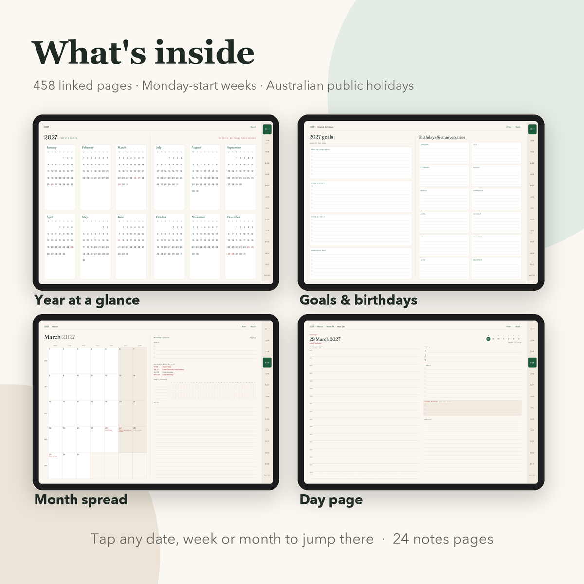 Year at a glance, goals, month spread and day page from the 2027 planner