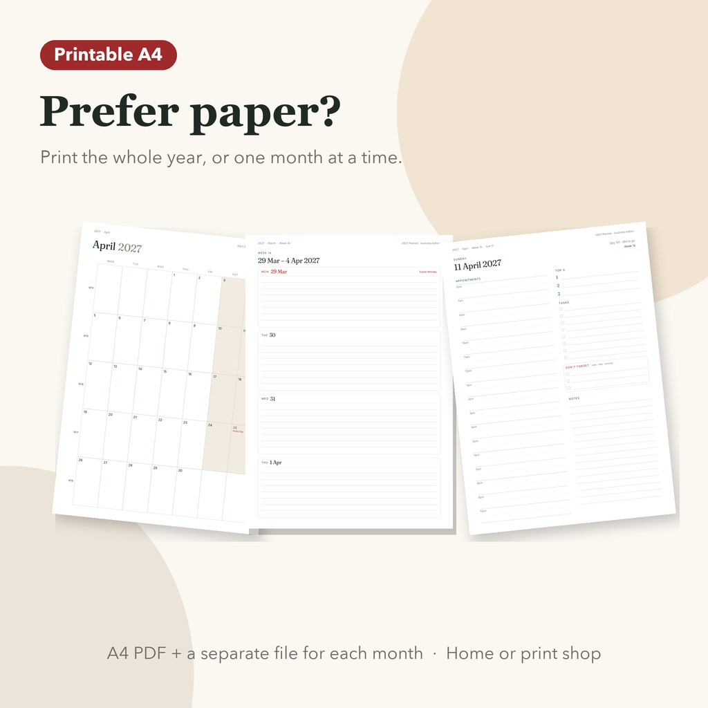 Printable month, week and day pages