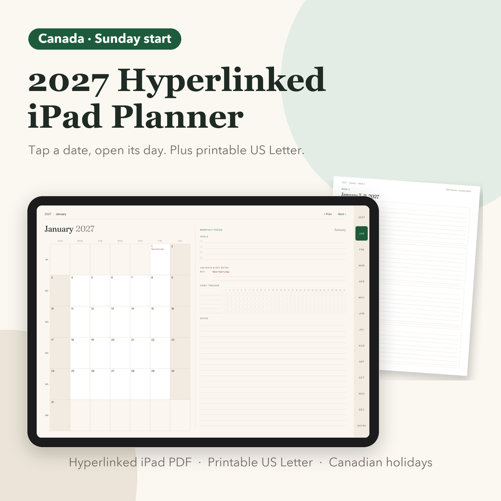 2027 hyperlinked iPad planner Canada edition with printable page