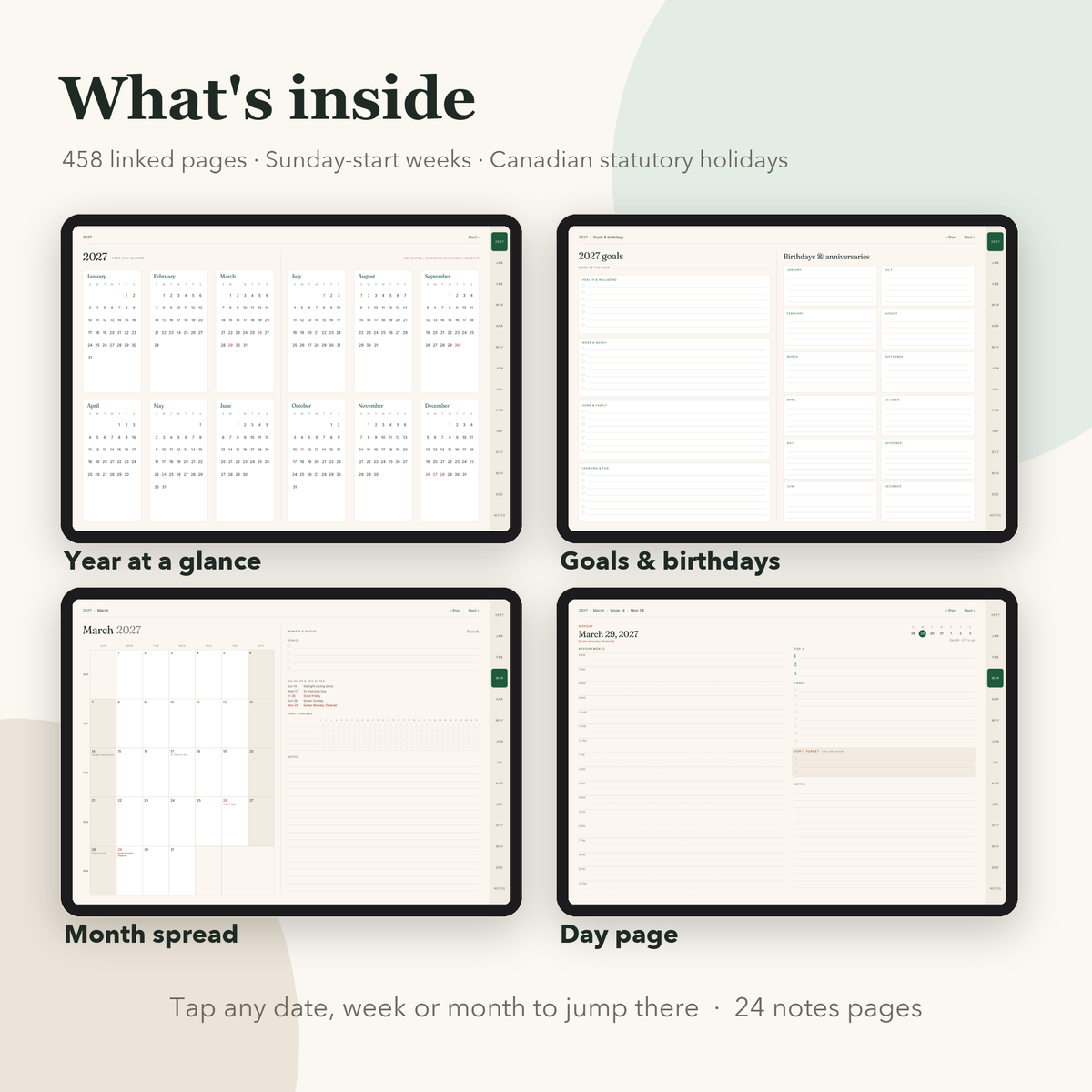 Year at a glance, goals, month spread and day page from the 2027 planner
