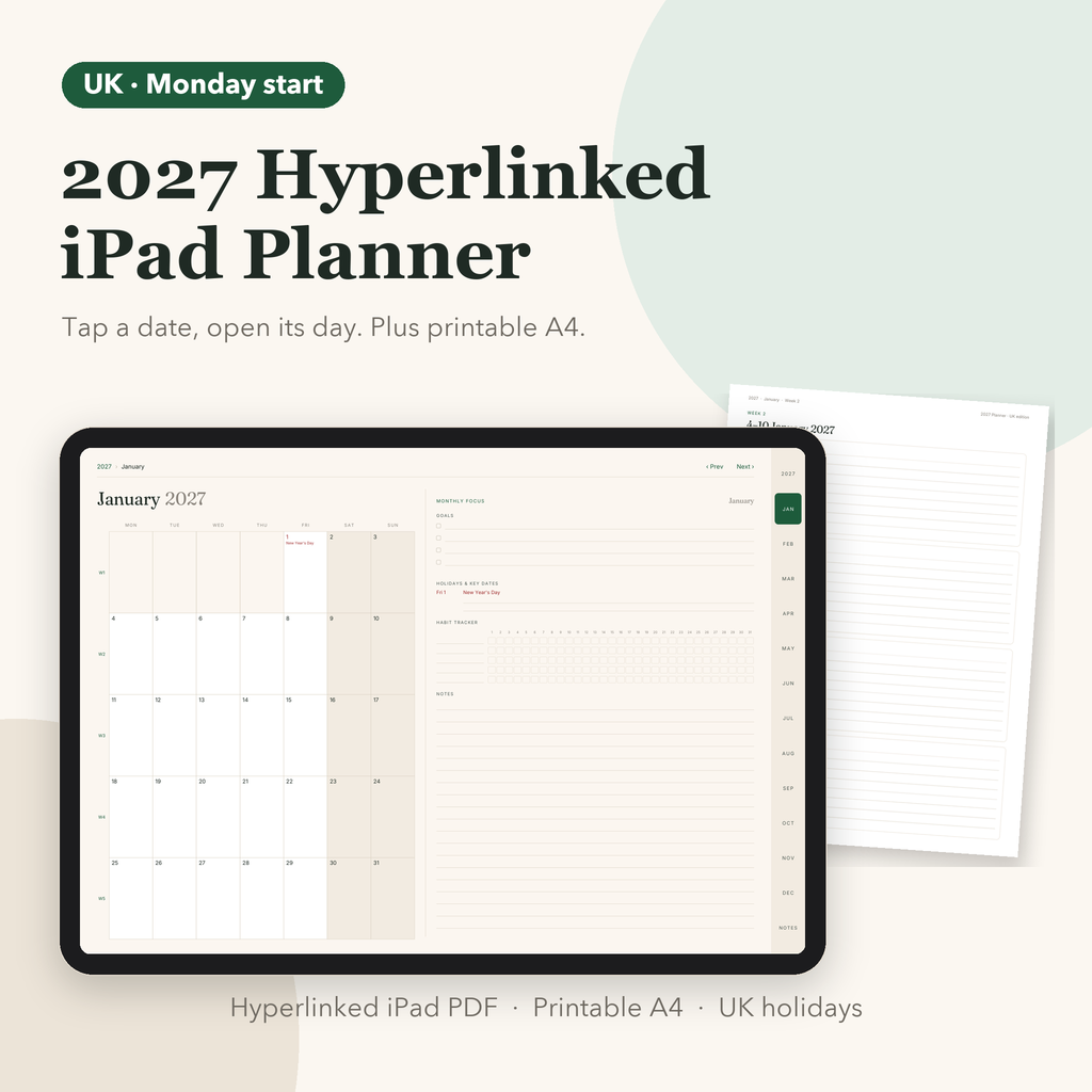 2027 hyperlinked iPad planner UK edition with printable page