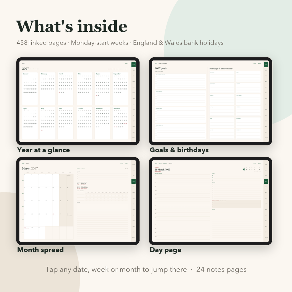 Year at a glance, goals, month spread and day page from the 2027 planner