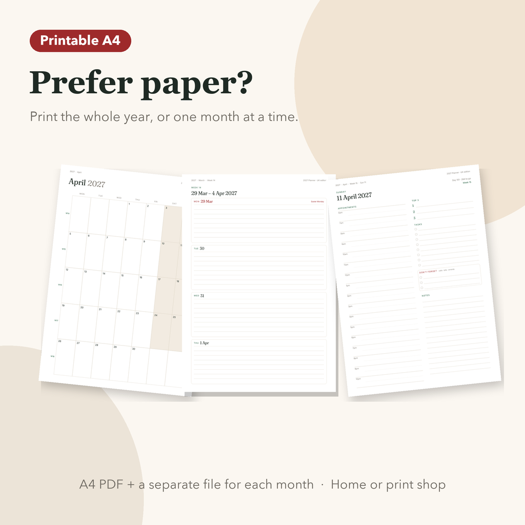 Printable month, week and day pages