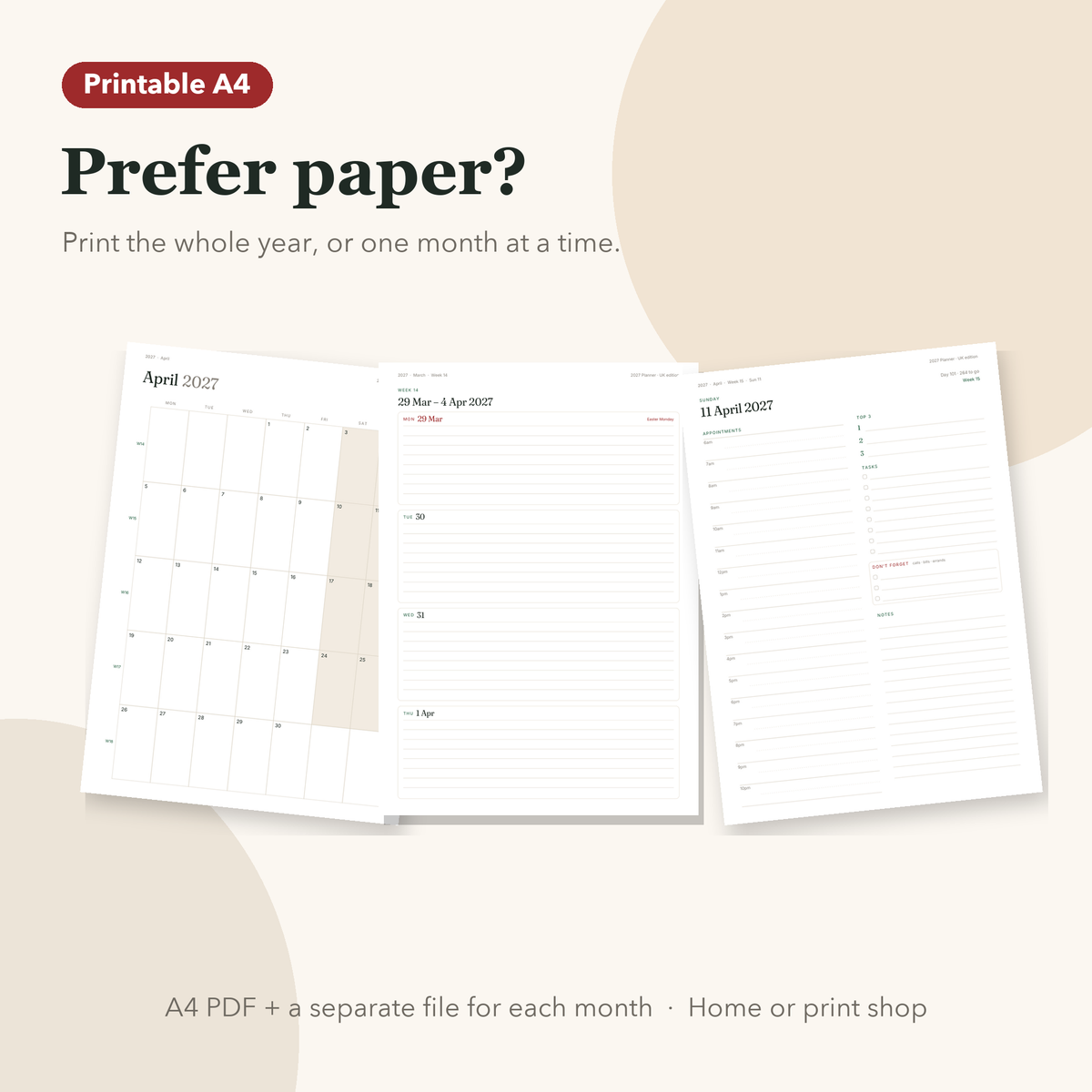 Printable month, week and day pages