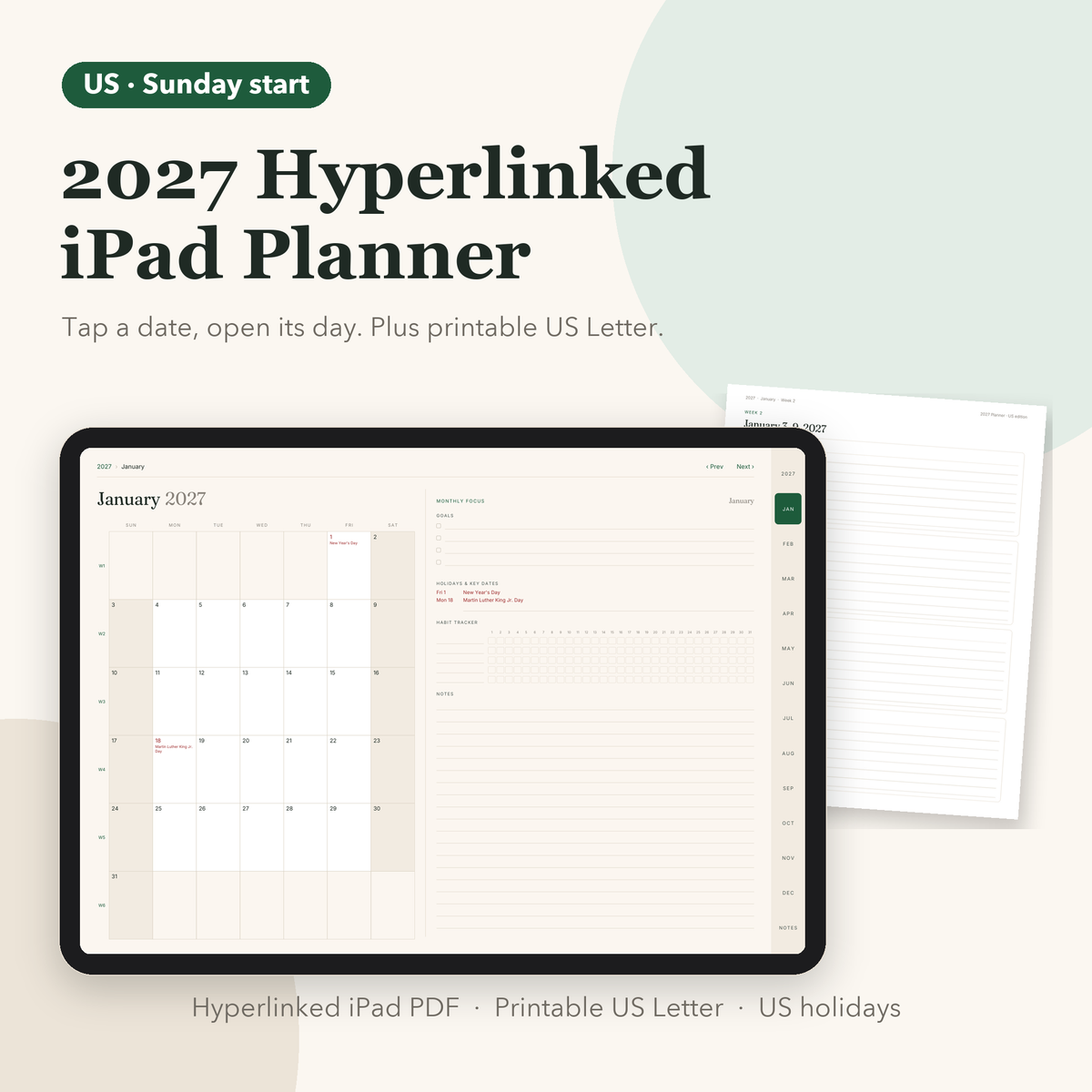 2027 hyperlinked iPad planner US edition with printable page