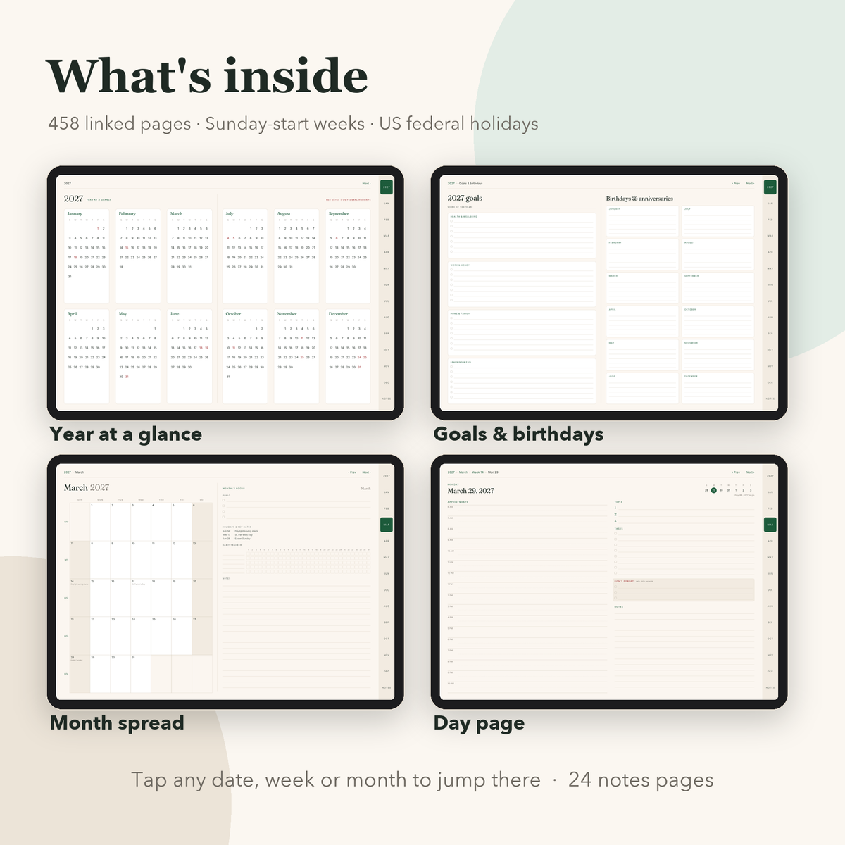 Year at a glance, goals, month spread and day page from the 2027 planner