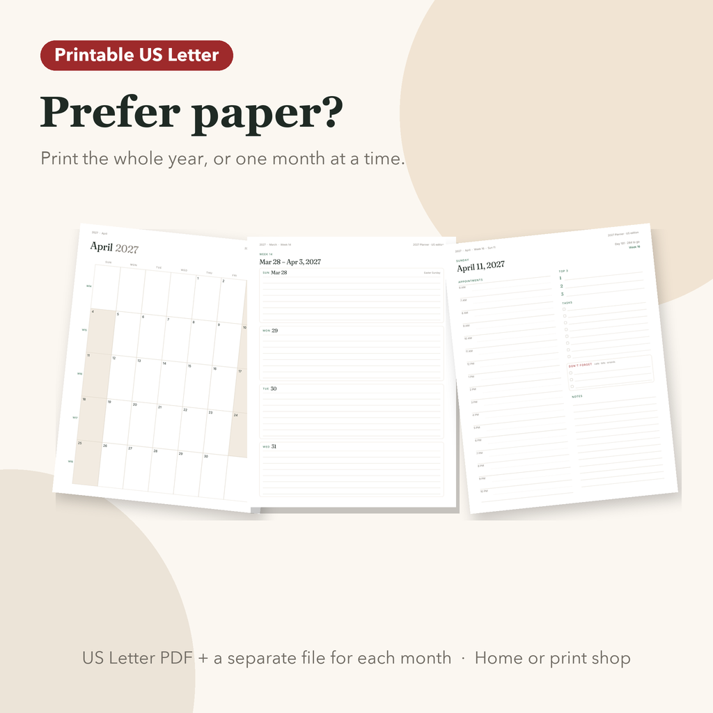 Printable month, week and day pages
