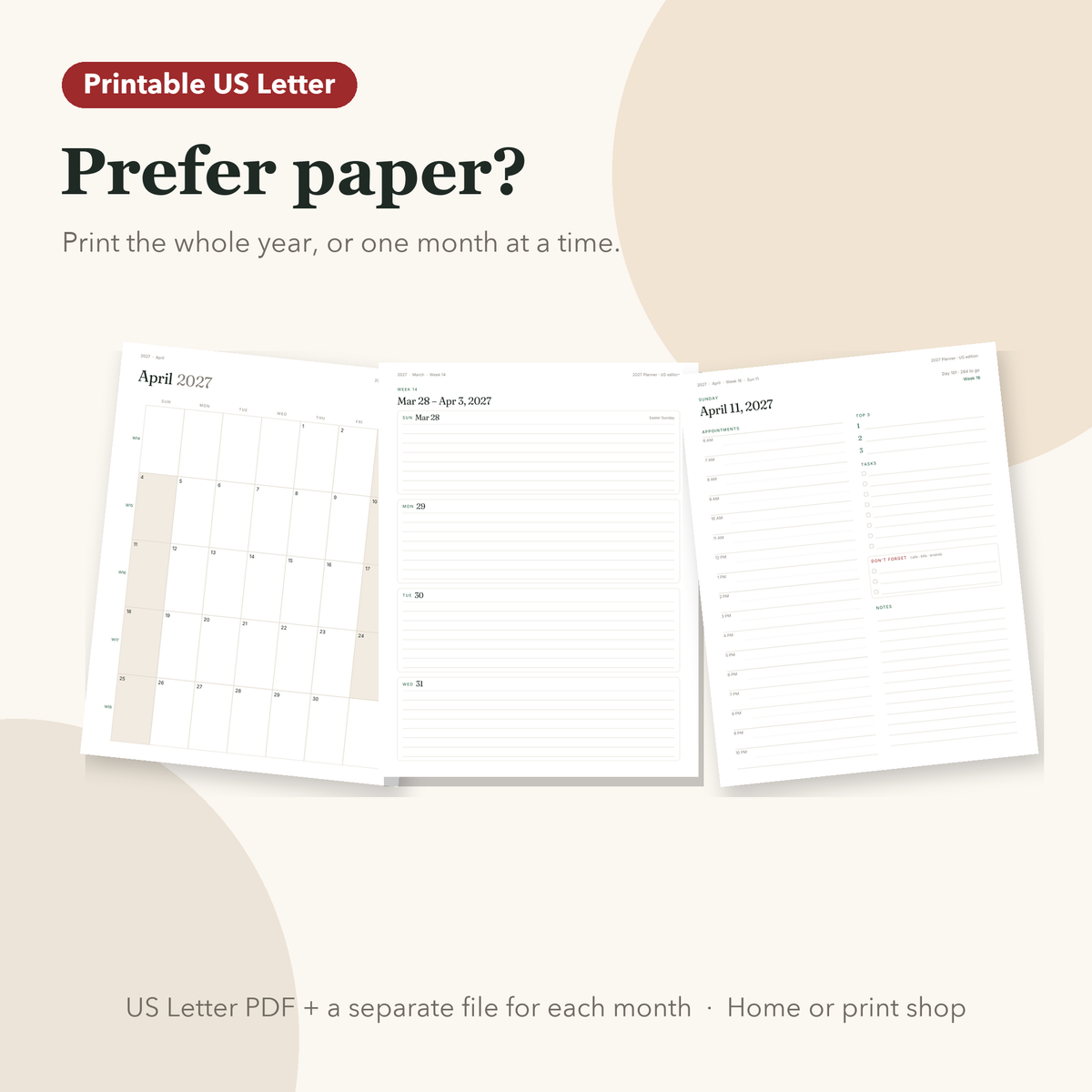 Printable month, week and day pages