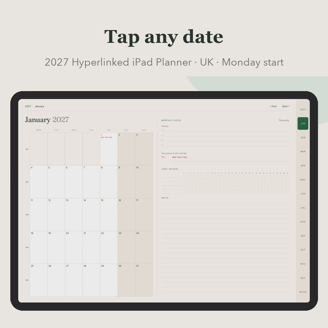 Tapping through the hyperlinked 2027 planner: month, day, week, notes, year